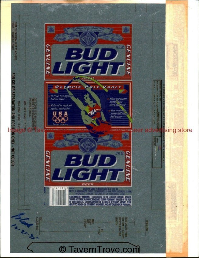 12/5/1995 BUD LIGHT Transparent Mockup Can Proof POLE VAULT OLYMPICS