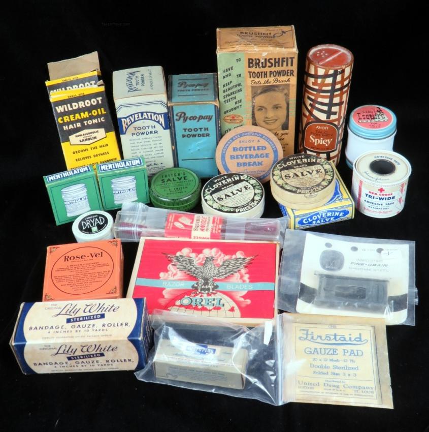 1900s-1960s Lot of Personal Toiletries & First Aid Items Tooth Powder Razors