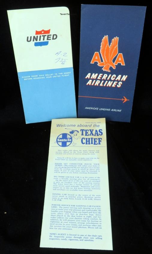 1960s United & American Airlines & Texas Chief Santa Fe Railroad Envelopes & Brochure
