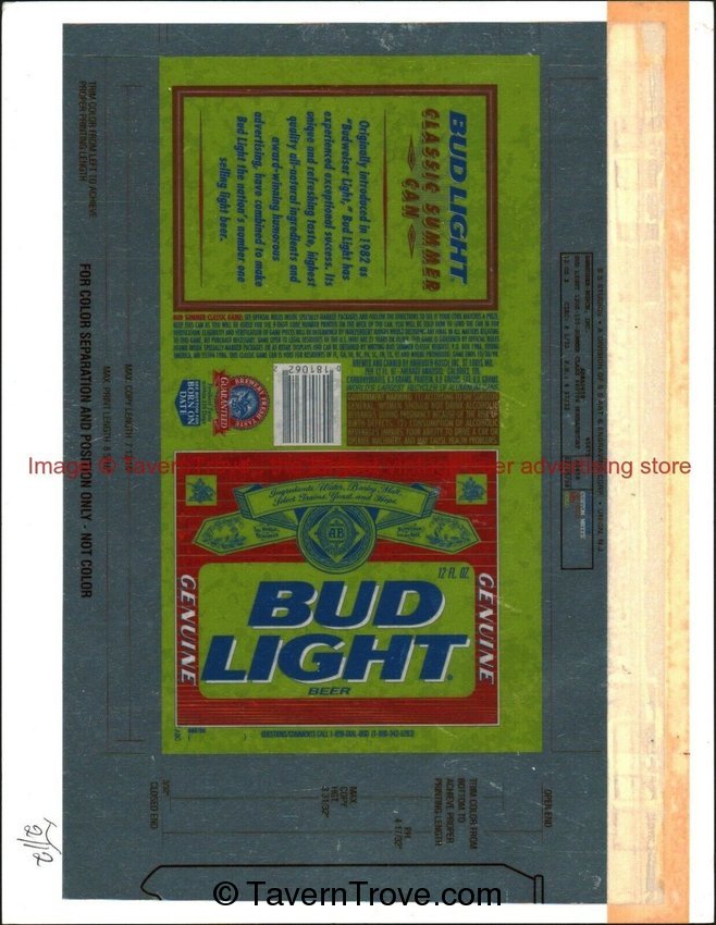 2/5/1998 BUD LIGHT Transparency Mockup Can Proof CLASSIC SUMMER 12oz