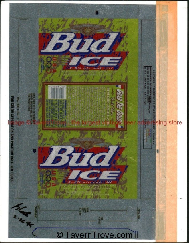 2/6/1996 BUDWEISER ICE Transparency Mockup Can Proof OLYMPICS 12oz