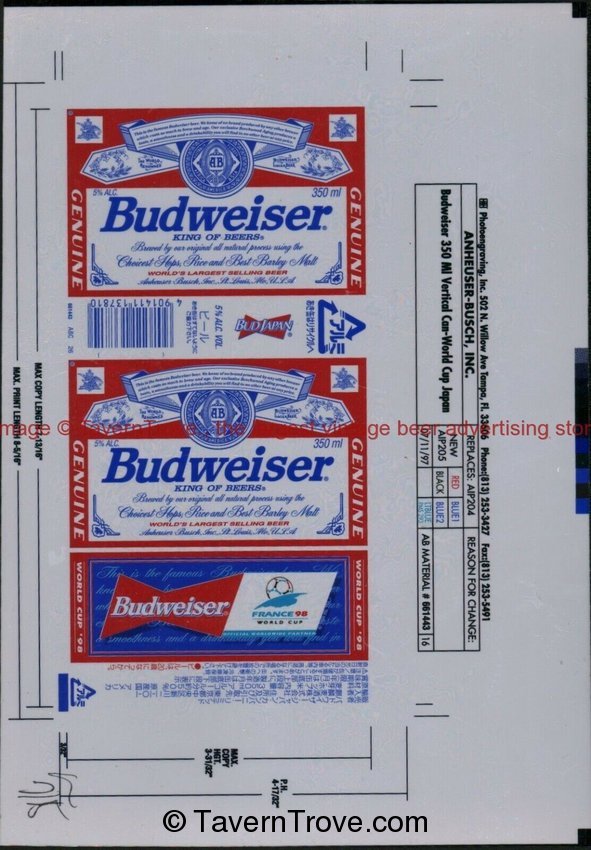 7/11/1997 BUDWEISER Transparency Mockup Can Proof WORLD CUP JAPAN