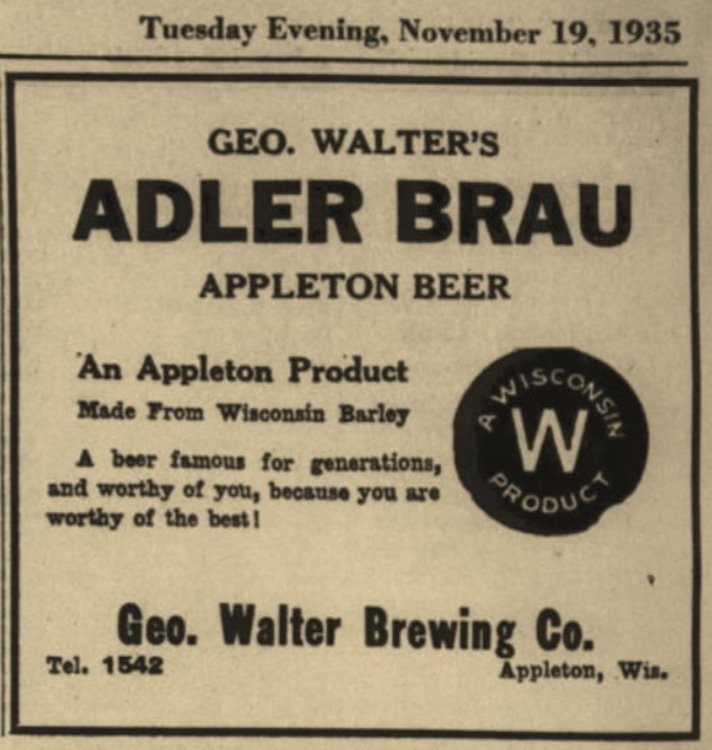 ADLER BRAU APPLETON BEER Coaster George Walter's Wisconsin 