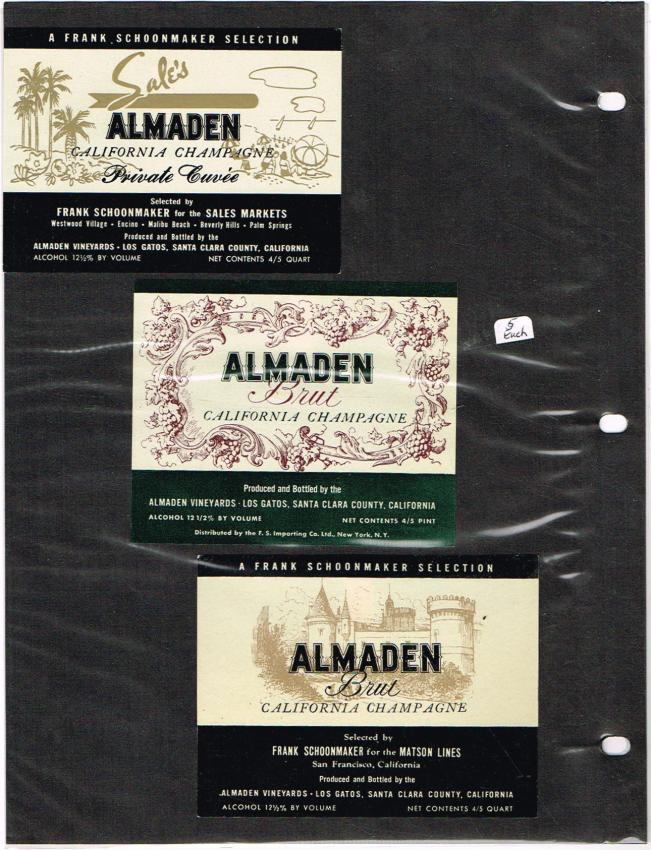 Almaden Champagne Labels Frank Schoonmaker Matson Lines lot of THREE