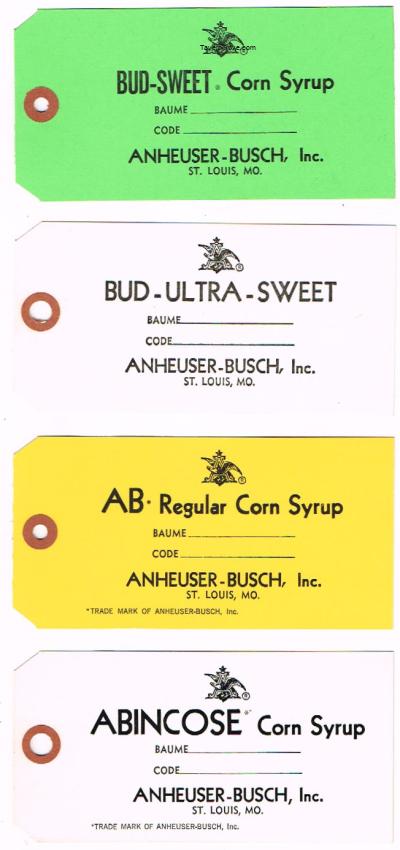Anheuser-Busch Corn Syrup Tags Lot of Four
