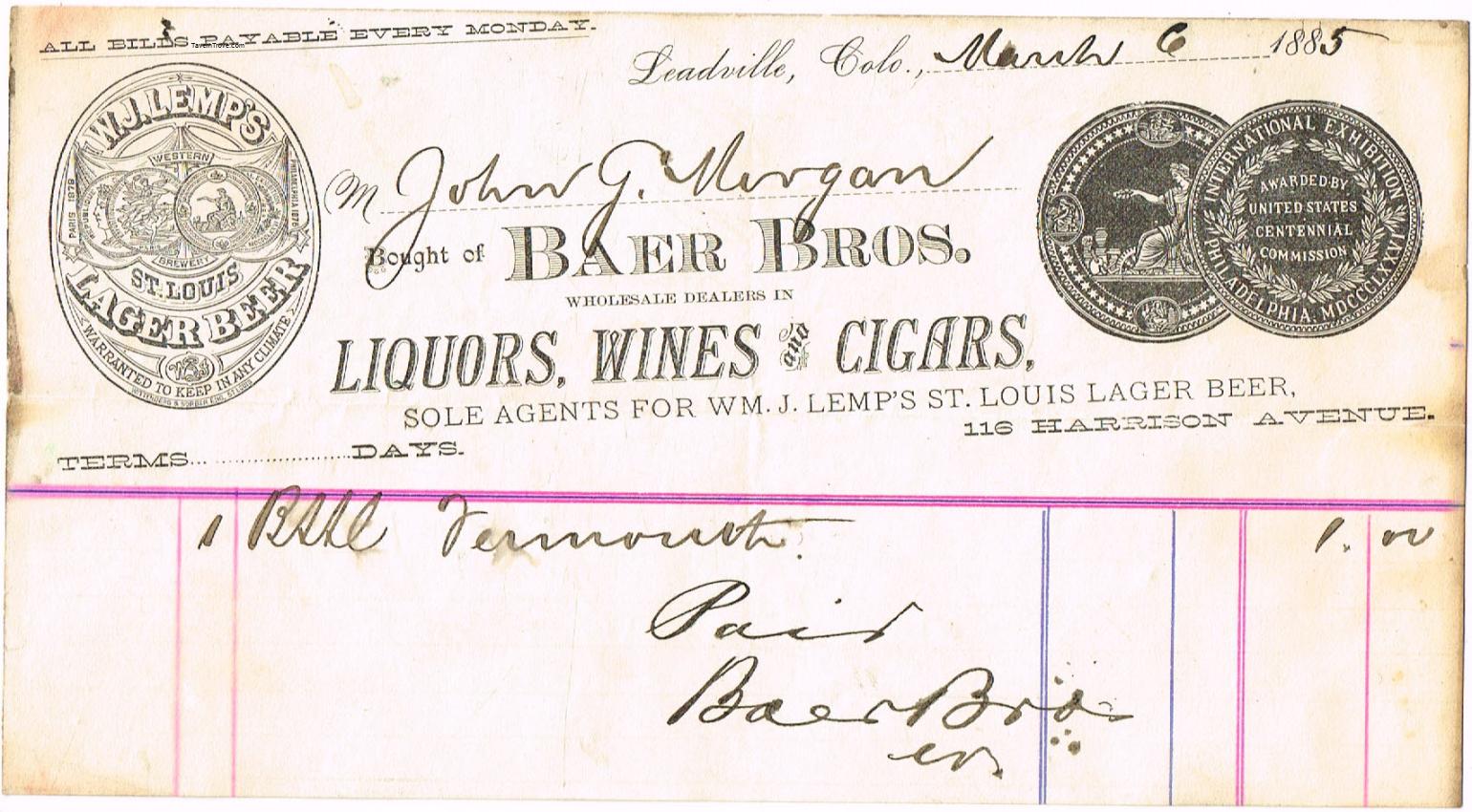 Baer Bros. (Lemp) Billhead