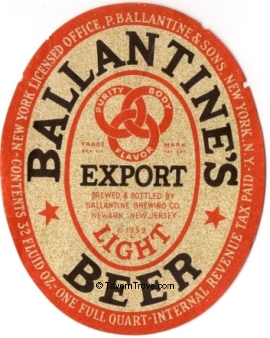 Item 8970 1939 Ballantine's Export Light Beer Label No Ref.