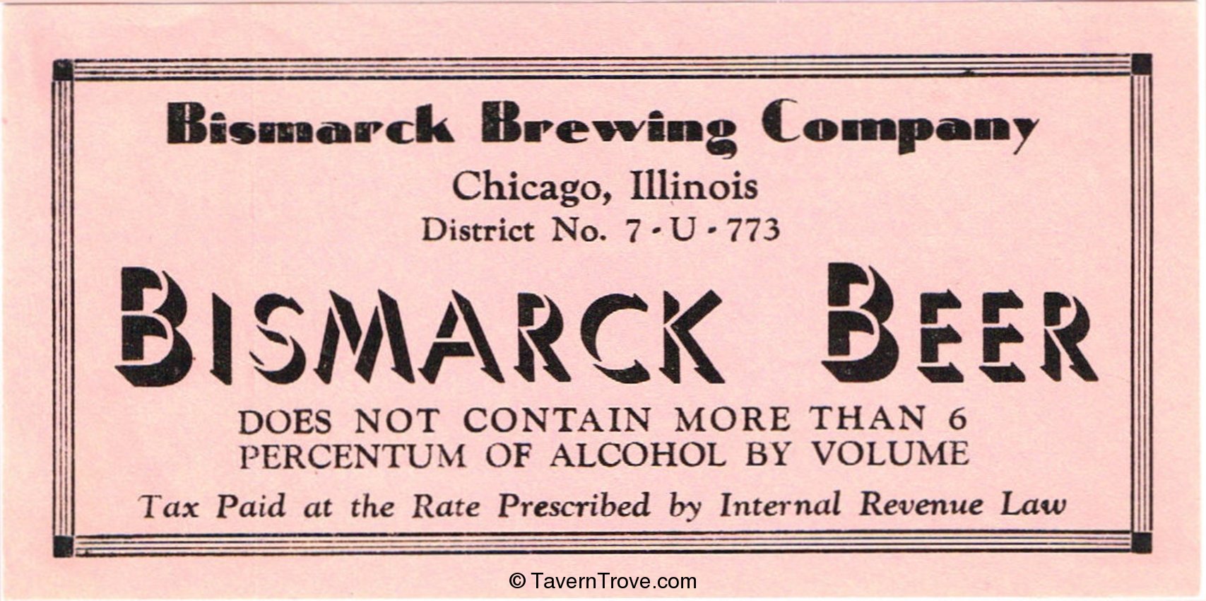 Item 36793 1933 Bismarck Beer Label IL1915v