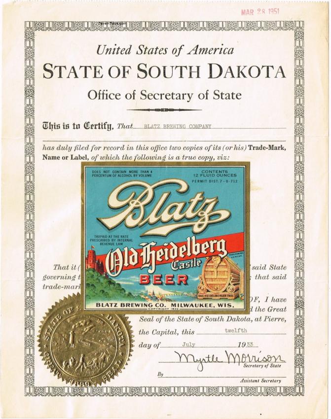 Blatz Label Approval South Dakota