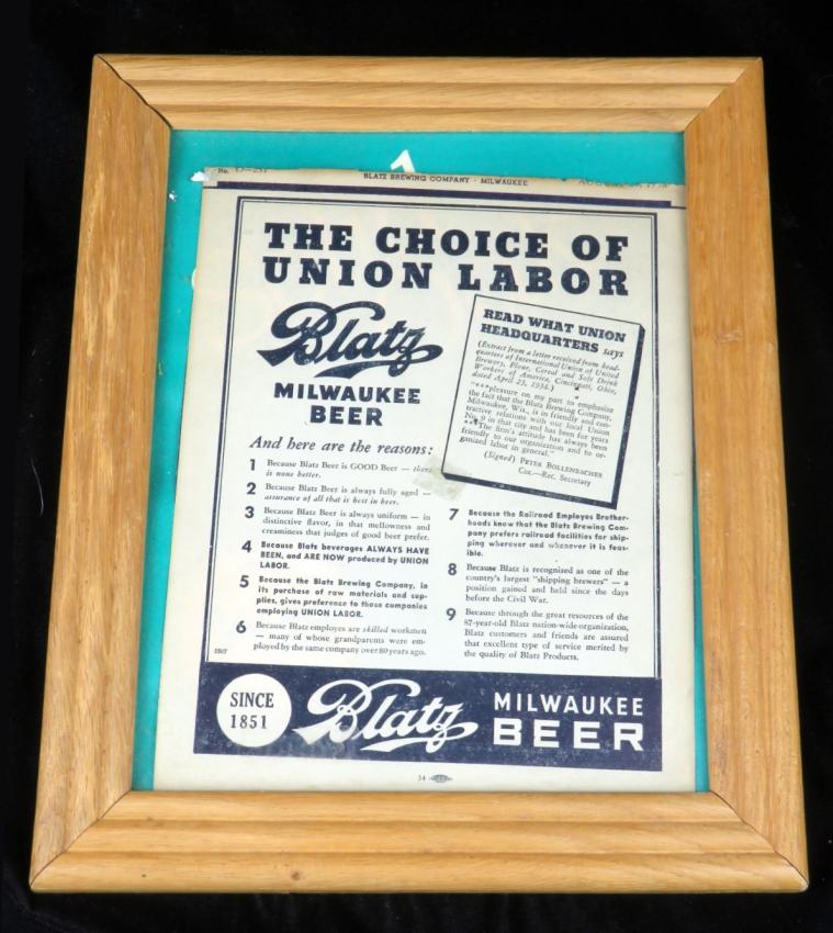 Blatz The Choice Of Union Labor Framed Advertisement