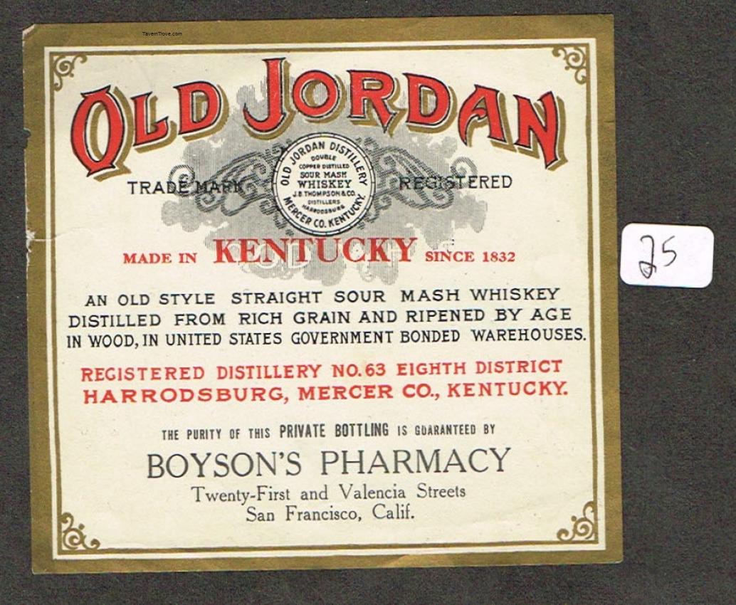 Bryson's Pharmacy Prescriptive? Old Jordan Whiskey Label San Francisco