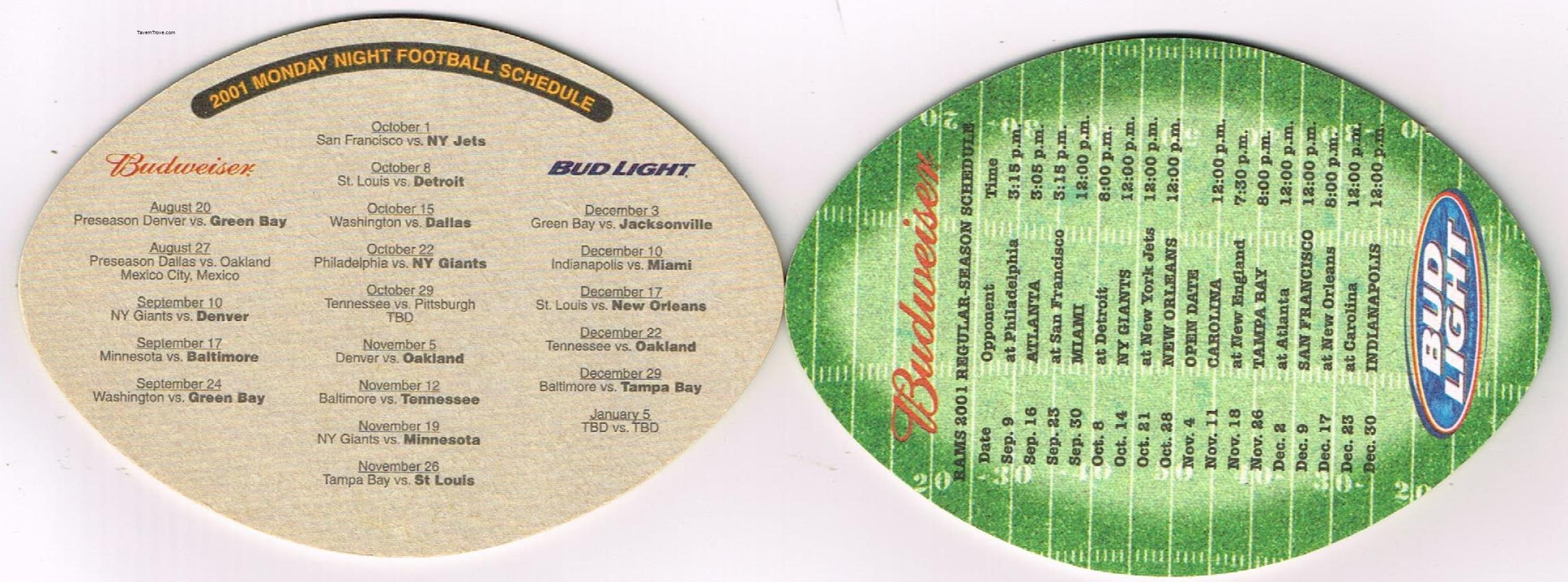 Budweiser/Bud Light Beer Rams/Monday Night Football Lot of Two