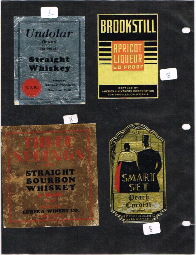 California Eureka San Jose Brookstill Liquor Labels lot of FOUR