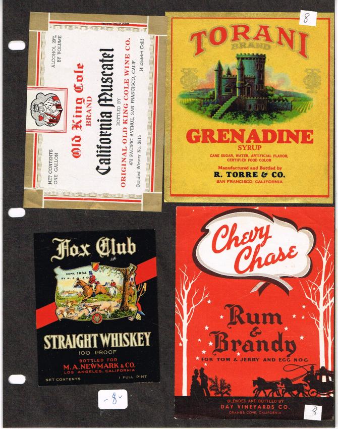 California Liquor Labels Orange Cove Los Angeles lot of FOUR Torani