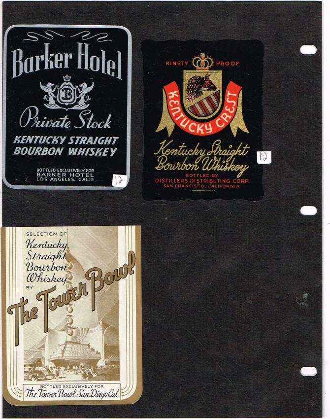 California Whiskey Labels Barker Hotel Tower Bowl San Diego lot of THREE