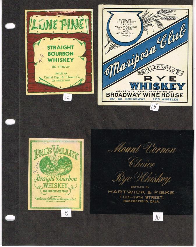 California Whiskey Labels Pal's Valley Mariposa Club Bakersfield lot of FOUR