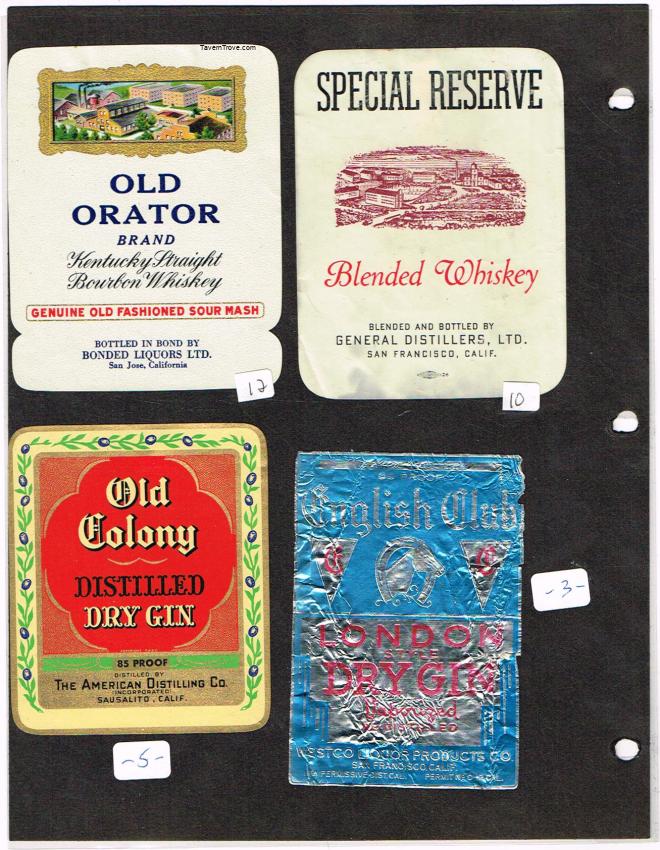 California Whiskey Liquor Labels Sausalito San Jose lot of FOUR Westco