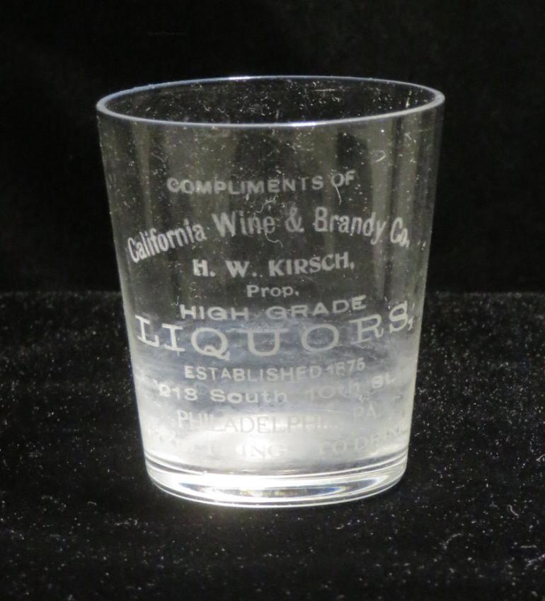 California Wine & Brandy Co. HW Kirsch Etched Shot Glass Philadelphia Pennsylvania