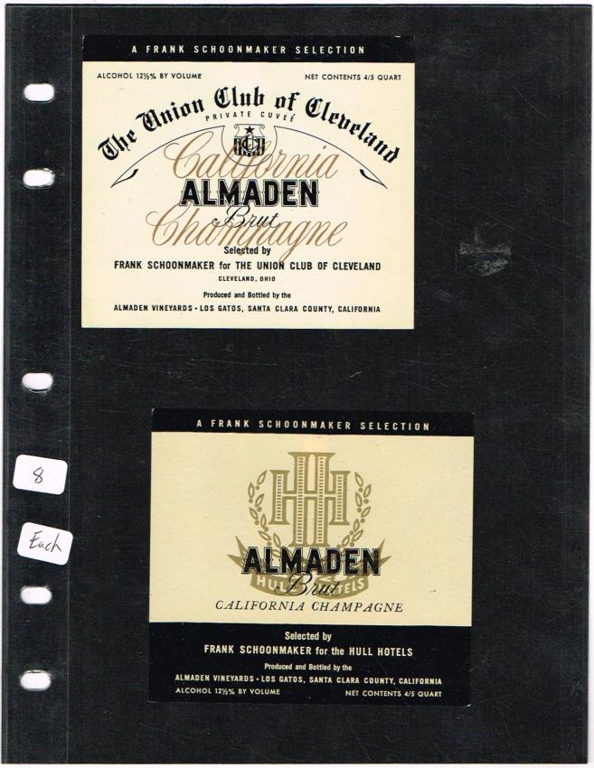 Almaden Champagne Labels Union Club Cleveland Ohio & Hull's Hotels
