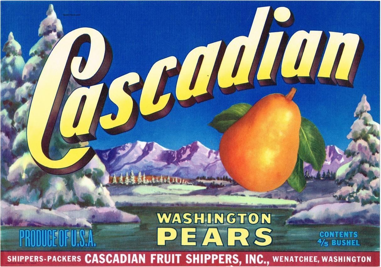 Cascadian Pears Fruit Crate Label Wenatchee Washington