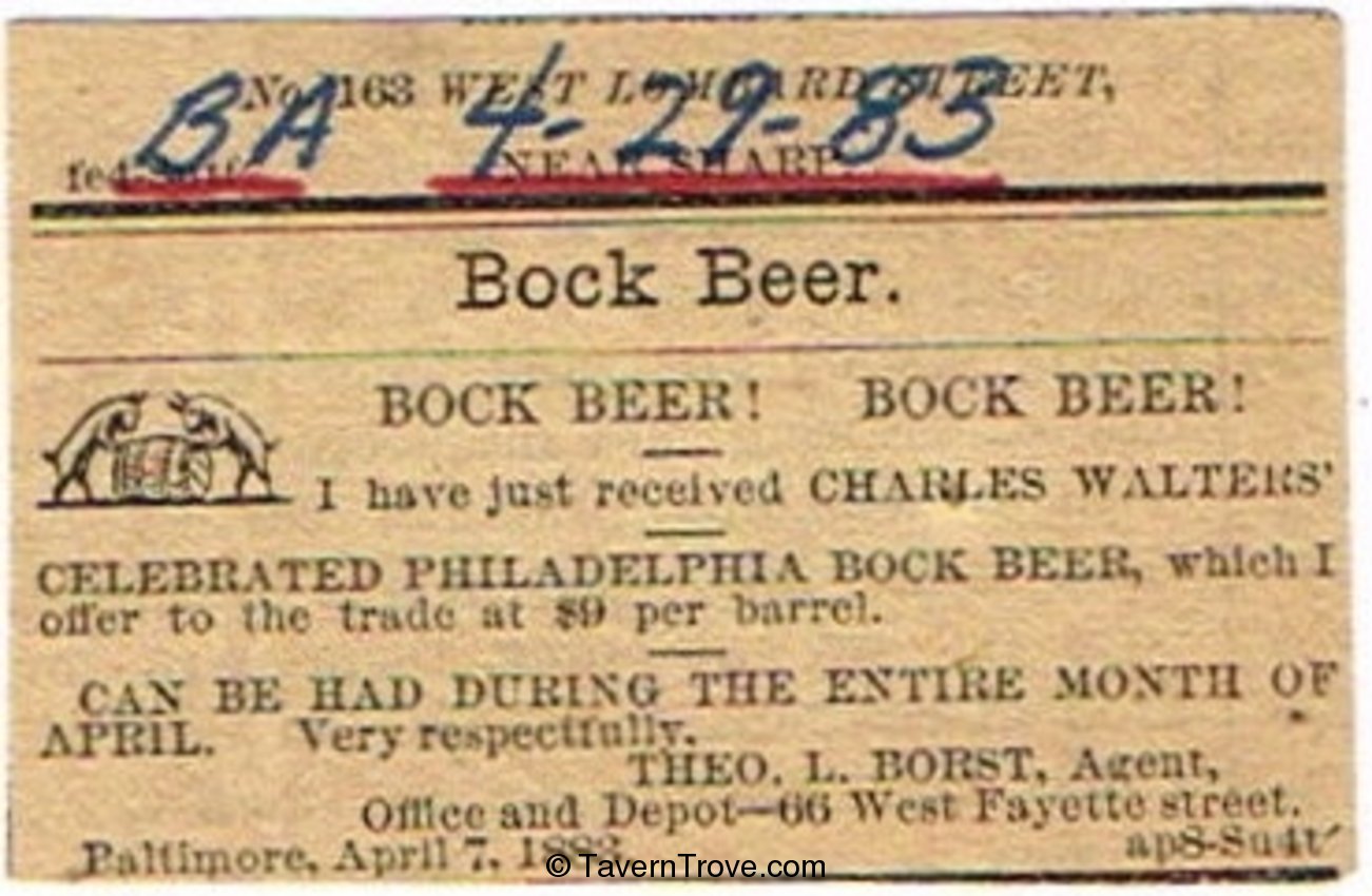 Charles Walters' Celebrated Bock Beer