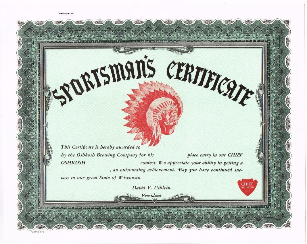 Chief Oshkosh Beer Sportsman's Certificate