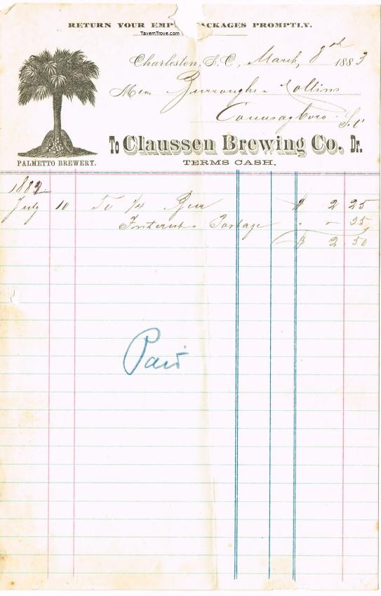 Claussen Palmetto Brewery Billhead