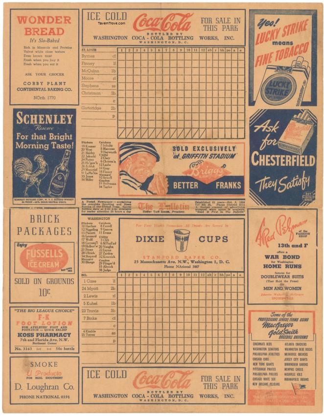 Coca-Cola Baseball Scorecard Washington DC vs St. Louis