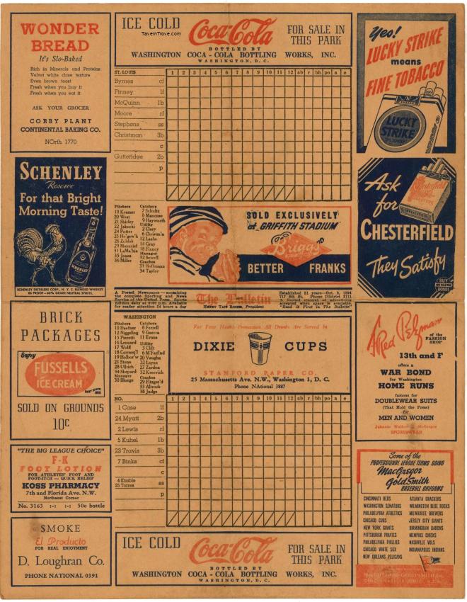 Coca Cola Griffith Stadium Washington Senators v St Louis Baseball Scorecard