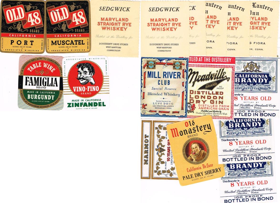 Connecticut Wine Whiskey & Liquor Labels lot of 17