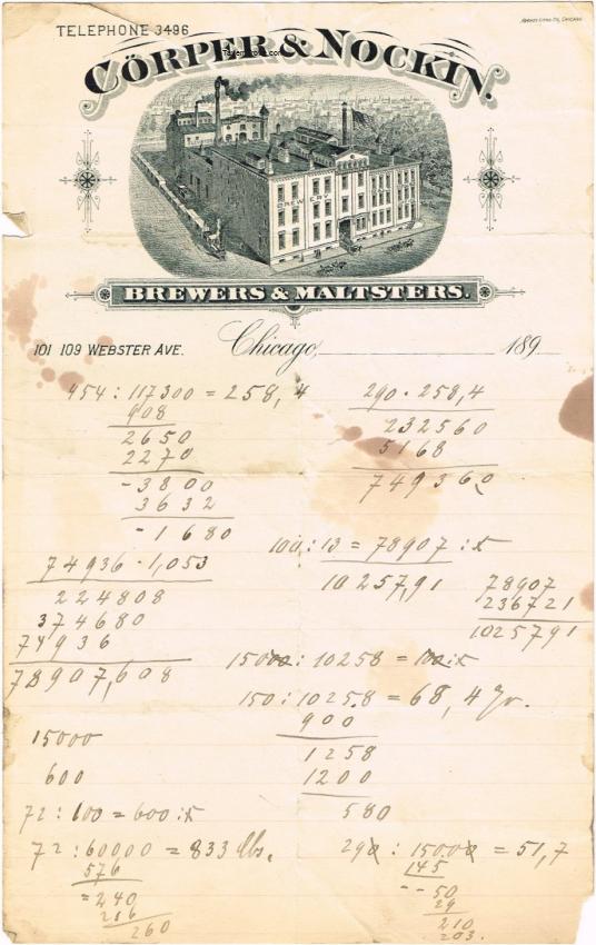 Corper & Nockin Brewers & Maltsters Billhead