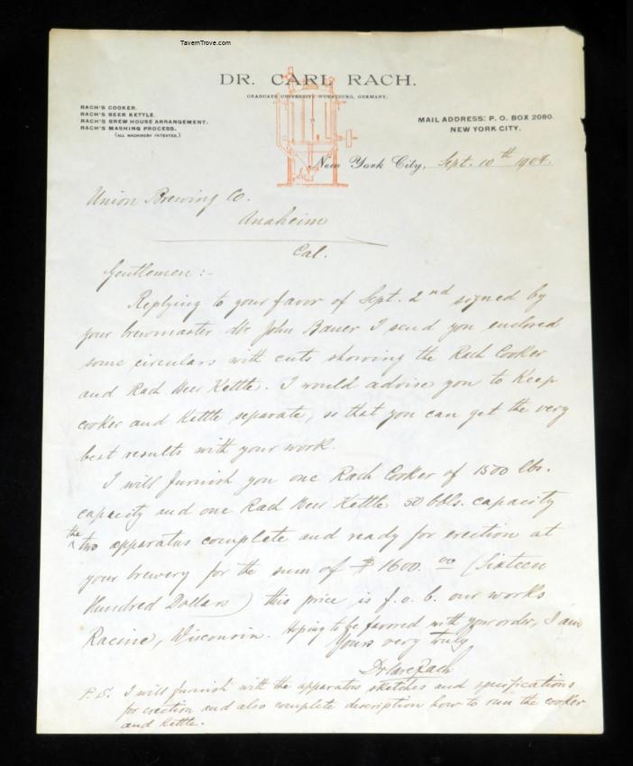 Dr. Carl Rach Brewery Engineer Letter to Union Brewing Anaheim California