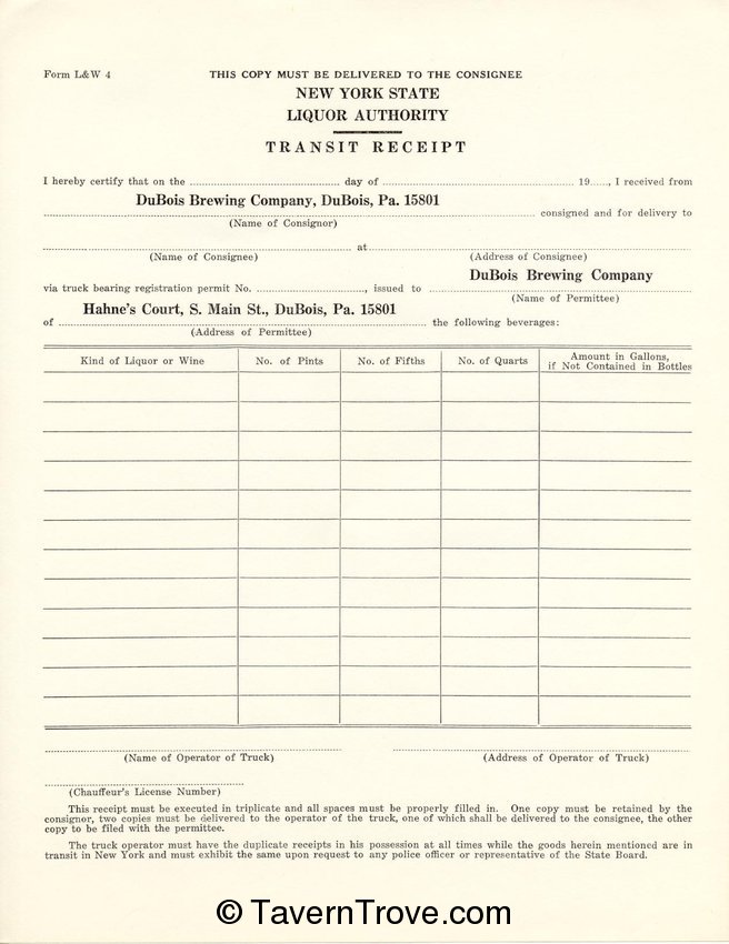 Dubois Brg. Transit Receipt