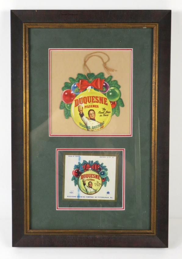 Duquesne Beer framed lot of Fan Pull and Holiday Label