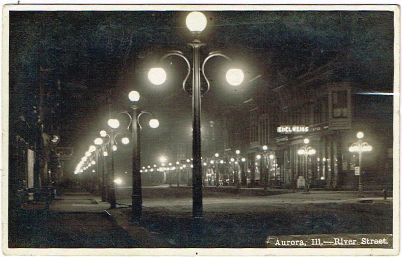 Edelweiss Beer Sign, River Street, Aurora Illinois RPPC