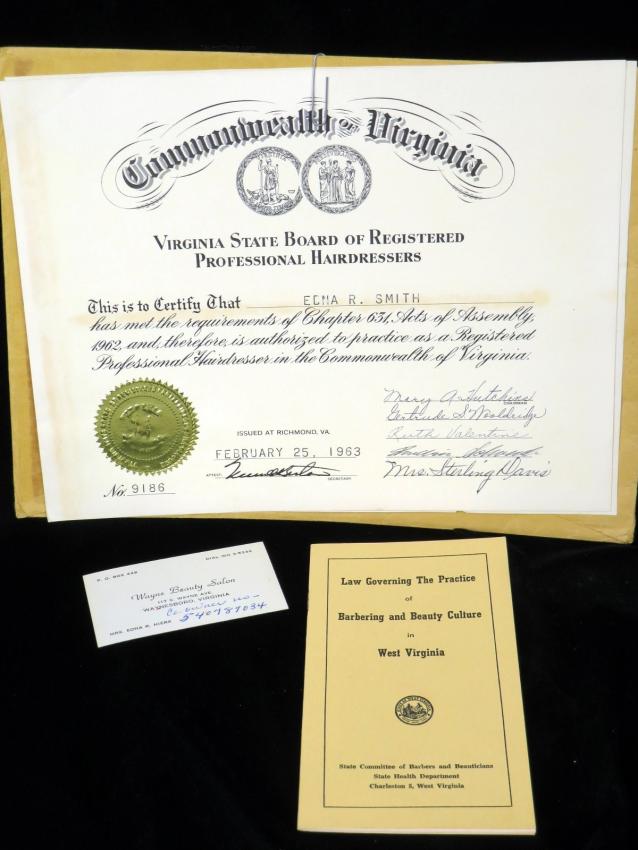 Edna Smith's Beauty School Diploma Bylaws and Business Card