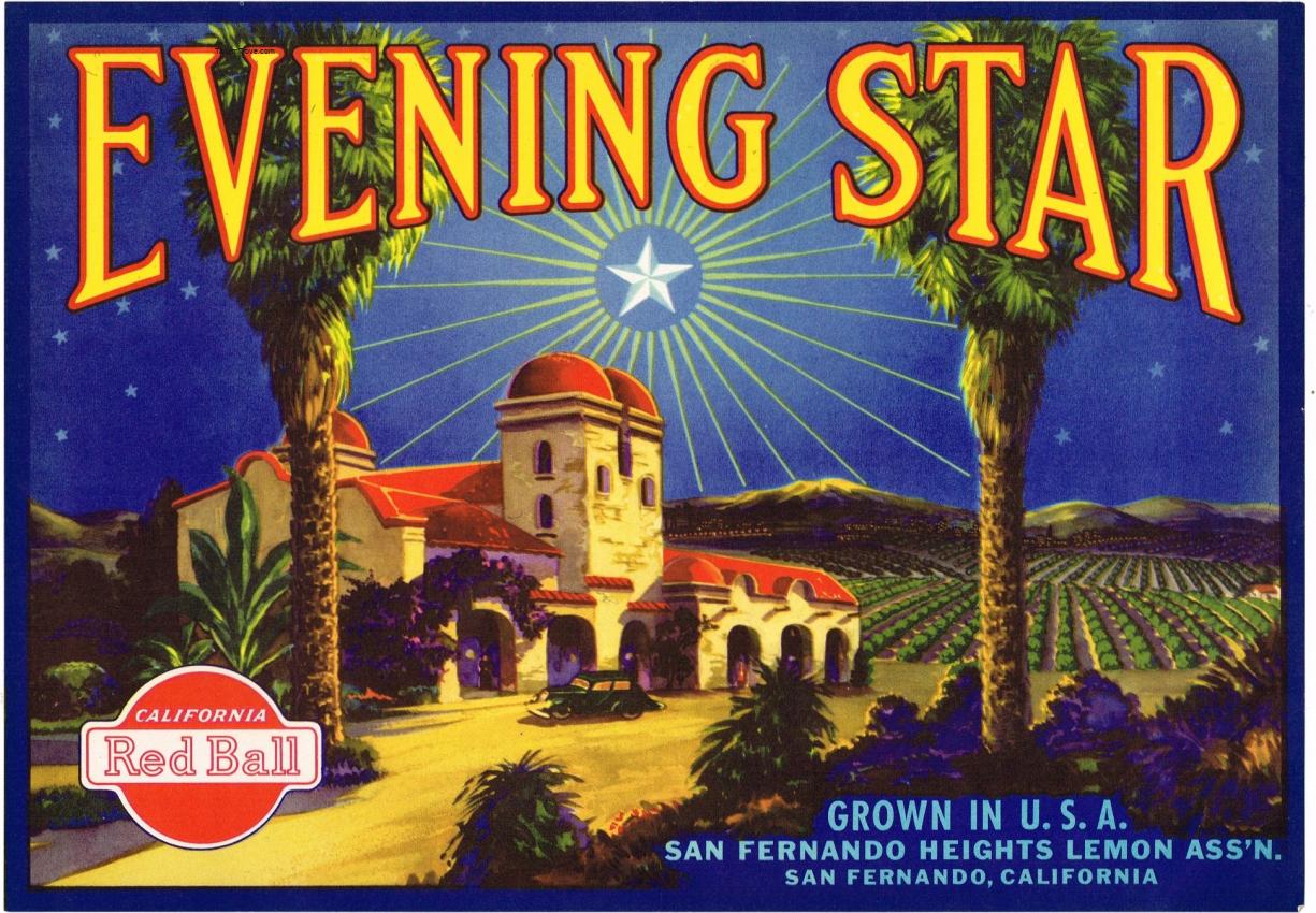 Evening Star Lemons Red Ball Fruit Crate Label San Fernando California