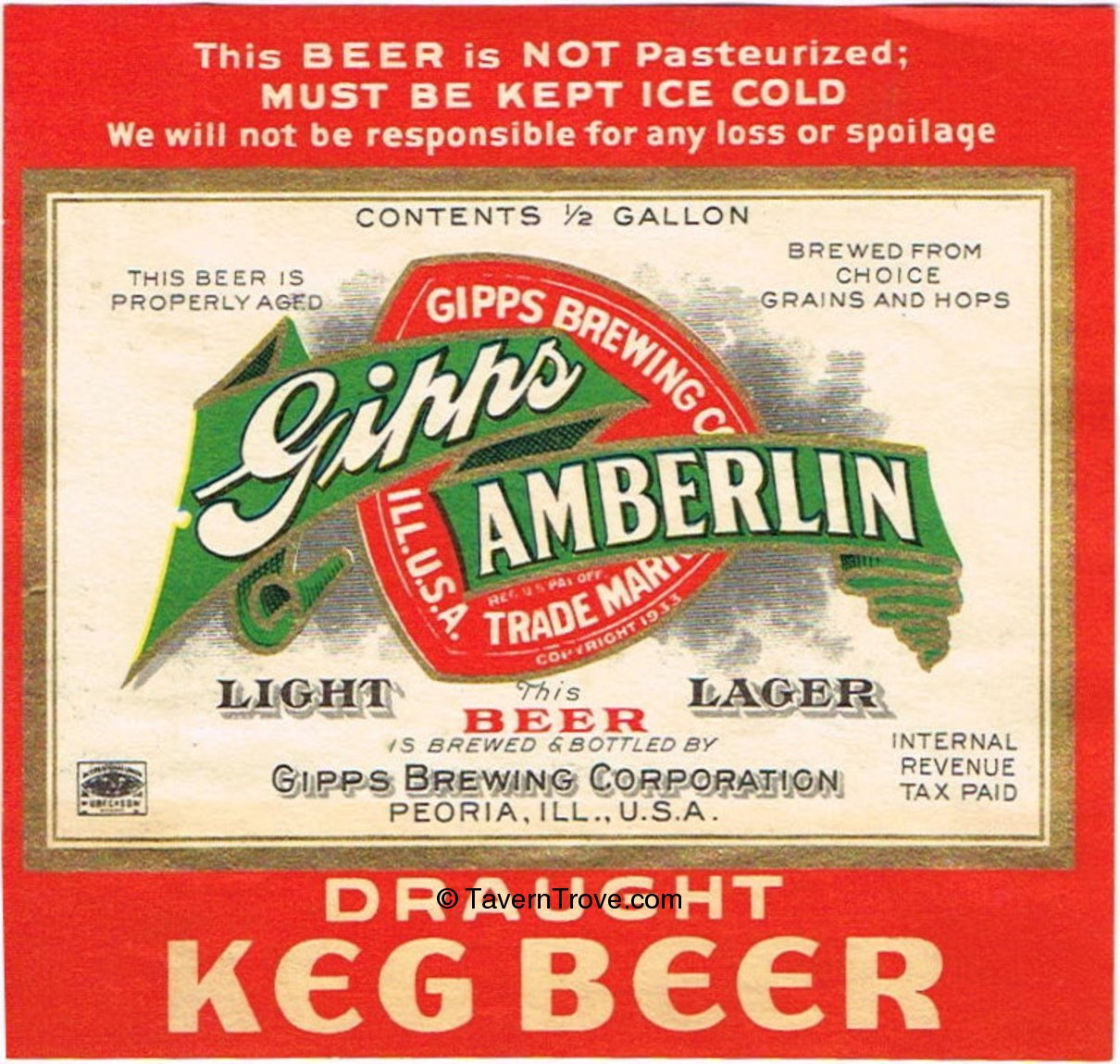 Item 50986 1939 Gipps Amberlin Draught Keg Beer Label IL9121