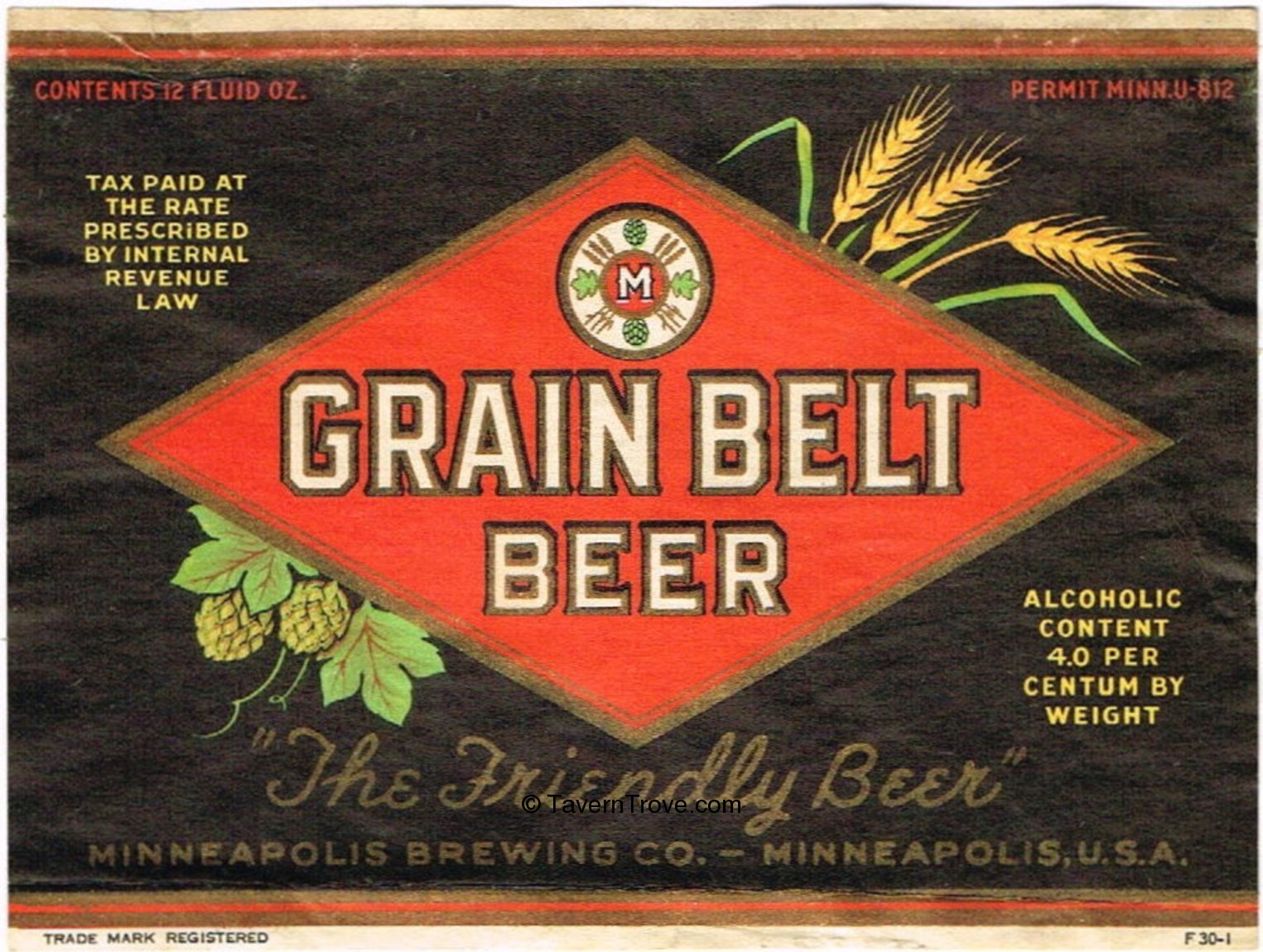 Item 100366 1938 Grain Belt Beer Label CS9111