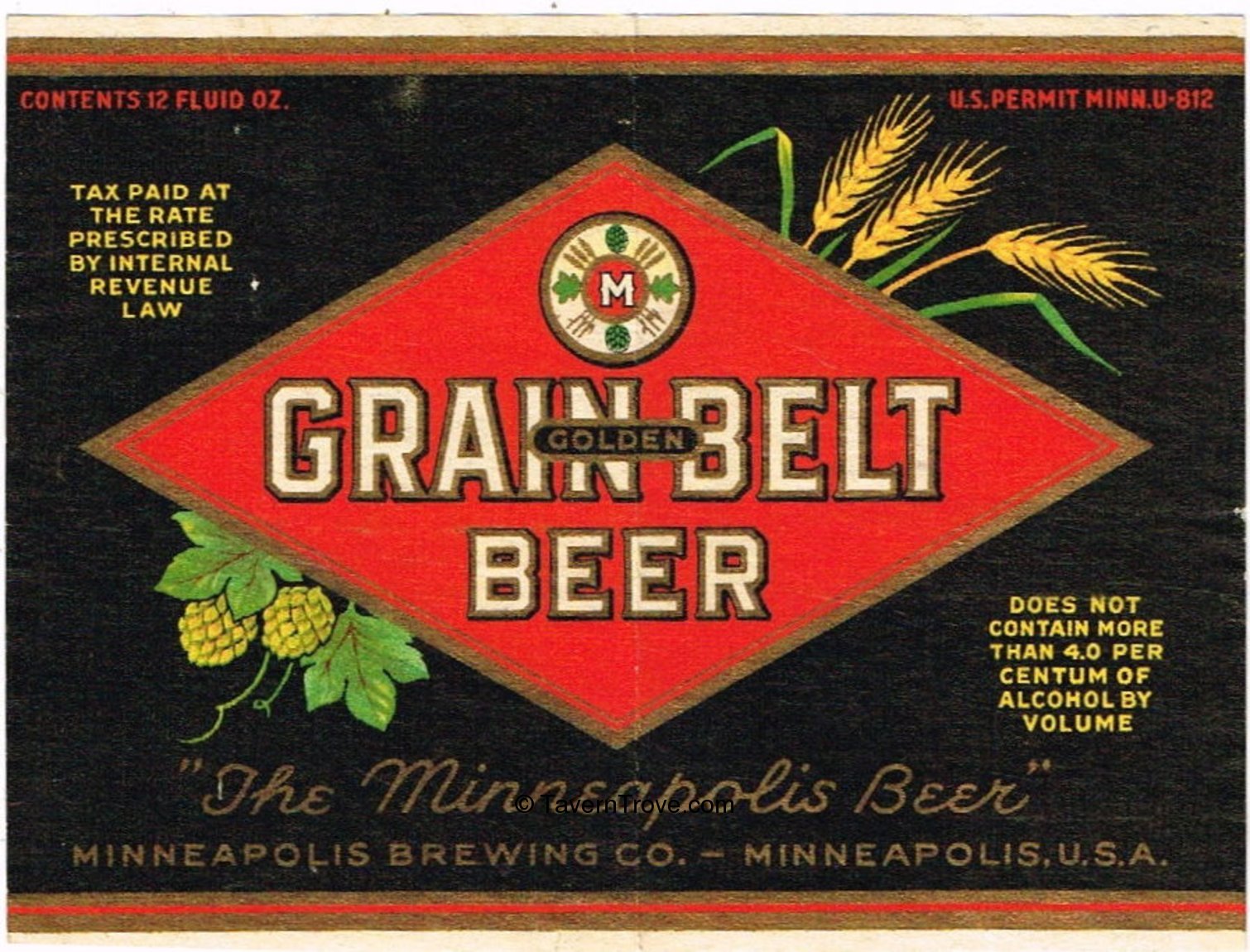Item 100367 1934 Grain Belt Golden Beer Label CS9109