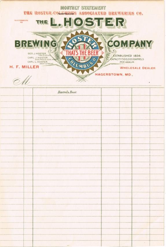 H. F. Miller Hoster Brewery Billhead
