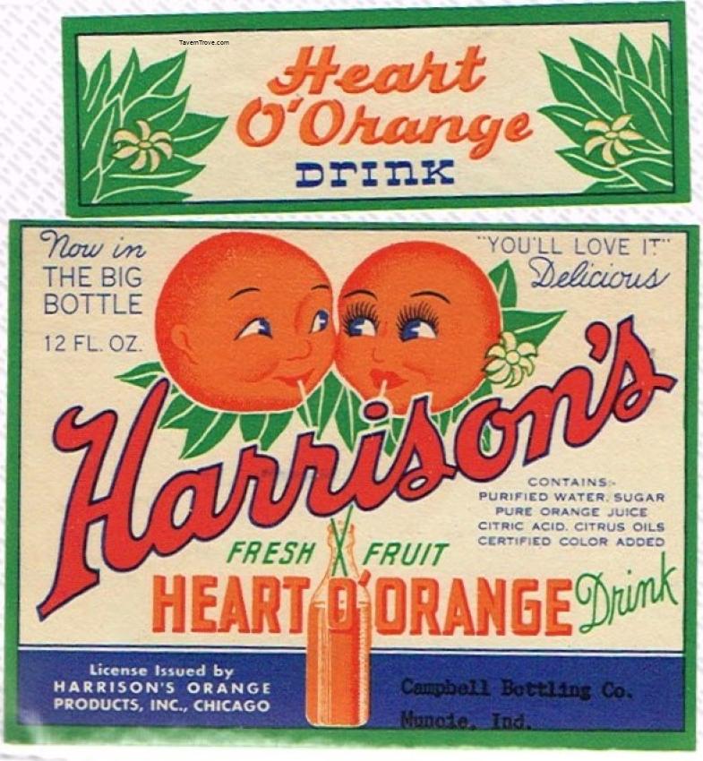 Harrison's Heart O ' Orange Drink Campbell Bottling Muncie Indiana 12oz