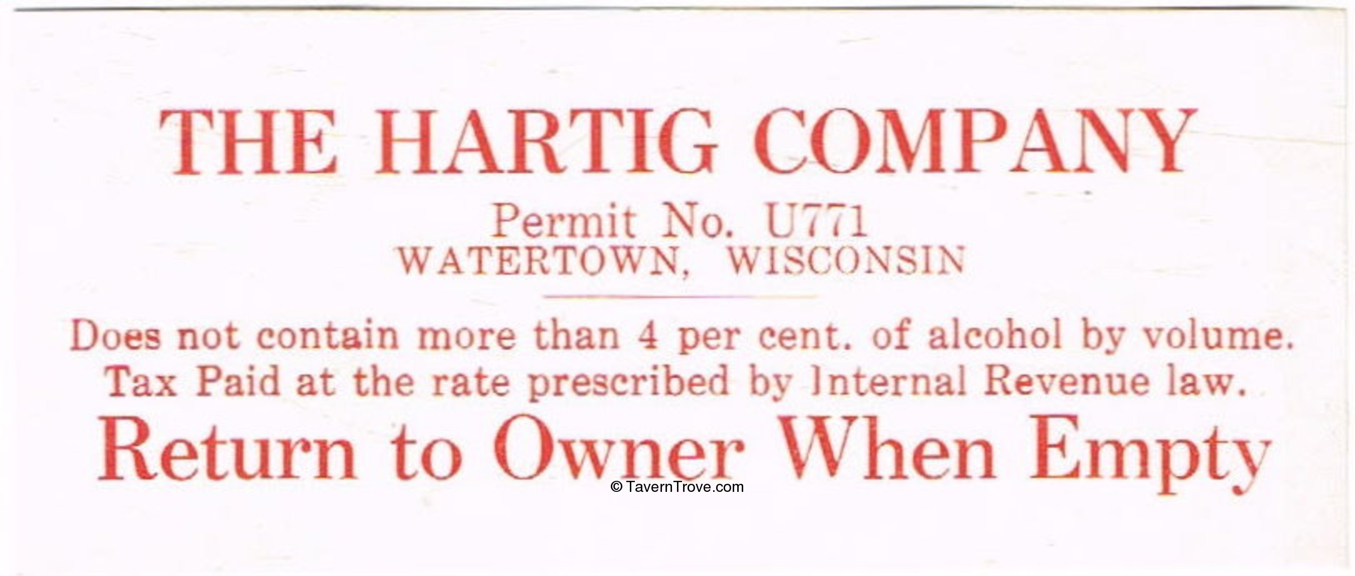 Item 38109 1933 Hartig Beer Keg Label Label WI504X Unpictured
