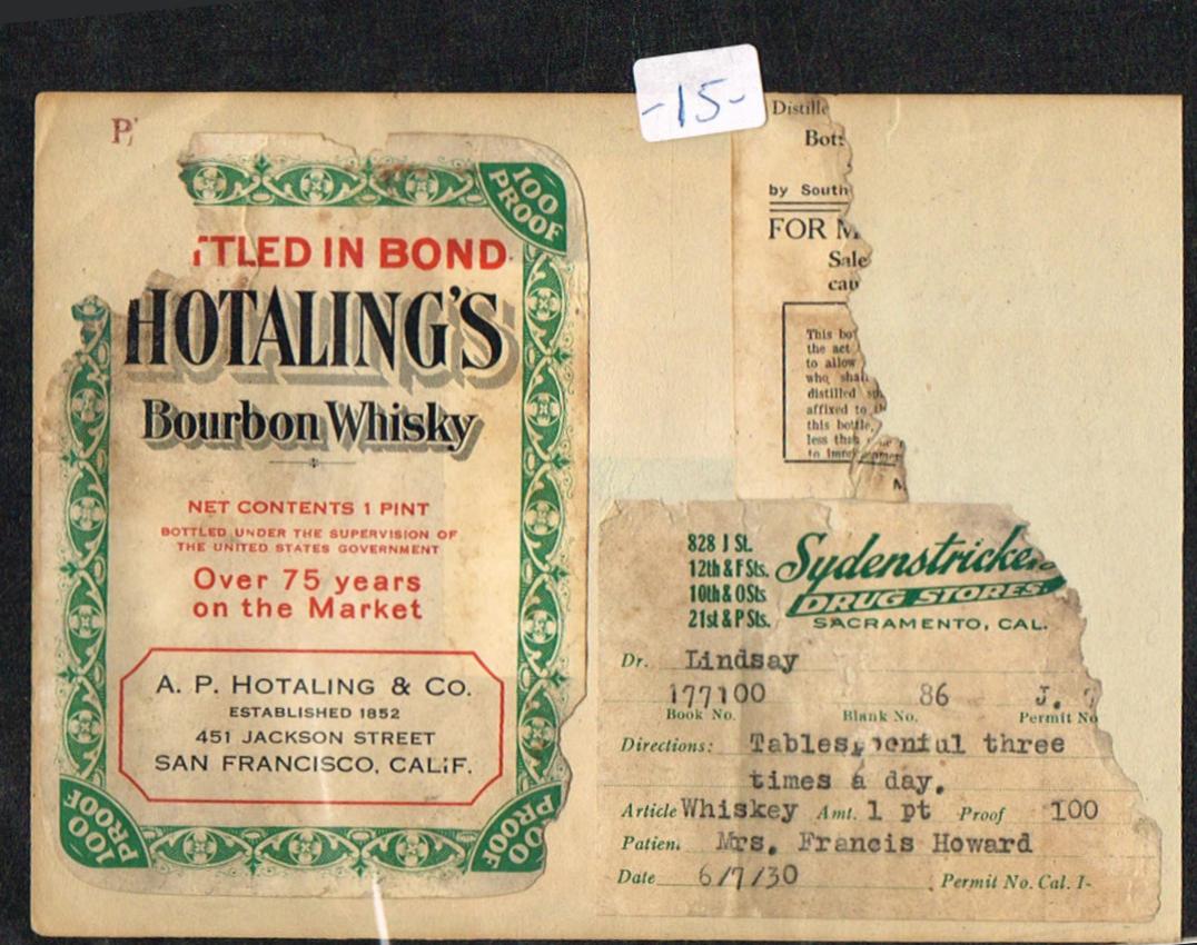 Hotalding's Bourbon Whiskey Label San Francisco With Prescription