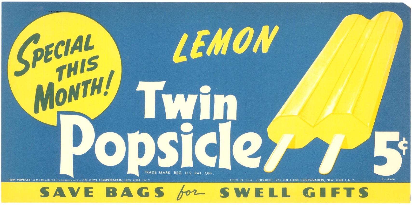 Joe Lowe Co. Lemon Twin Popsicle 5¢ Paper Sign