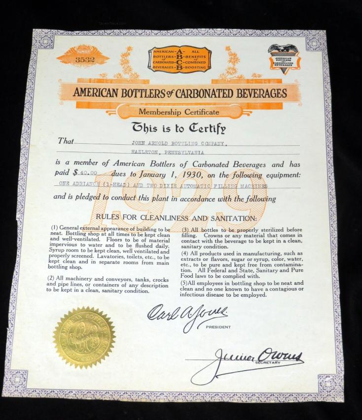 John Arnold Bottling Co. ABCB Membership Certificate Hazleton Pennsylvania