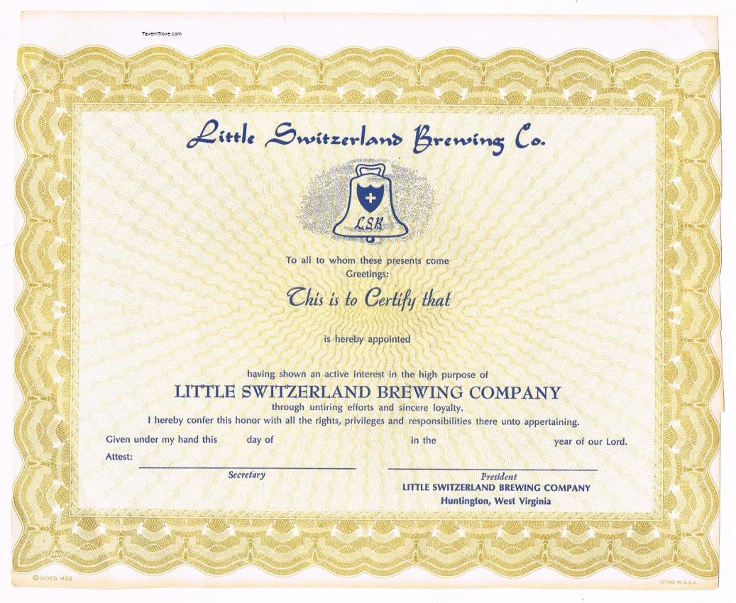 Little Switzerland Brewery Loyalty Certificate