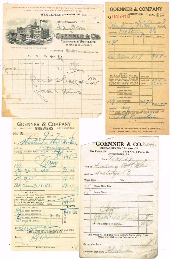 Lot of 4 Different Goenner & Co. Brewing Co. Receipts