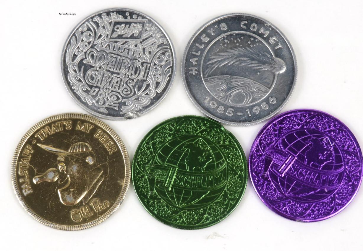 Lot of FIVE 1970s-80s Mardi Gras Brewery Doubloons