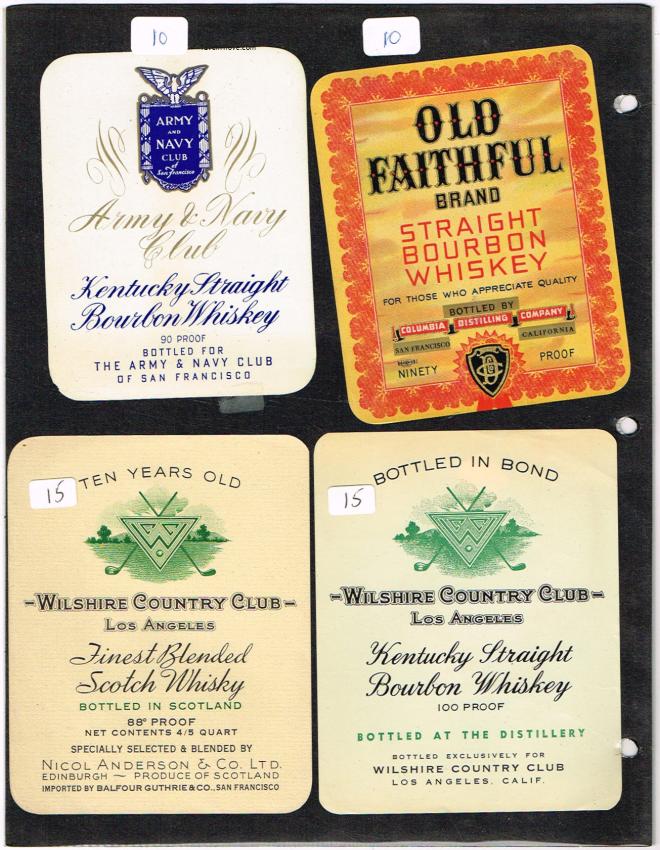 Lot of Four 1940s-1960s California Whiskey Labels Wilshire Country Club Army & Navy